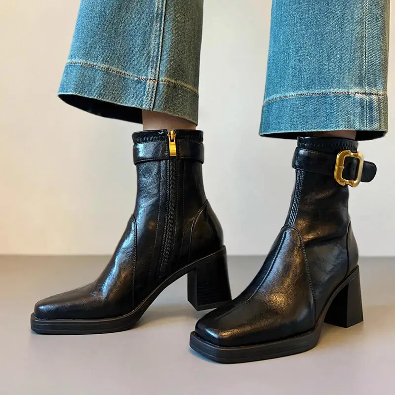 French Retro Black Leather Thick High Heel Ankle Boots Women Winter 2026 Designer Metal Buckle Chelsea Boots Women Short Booties
