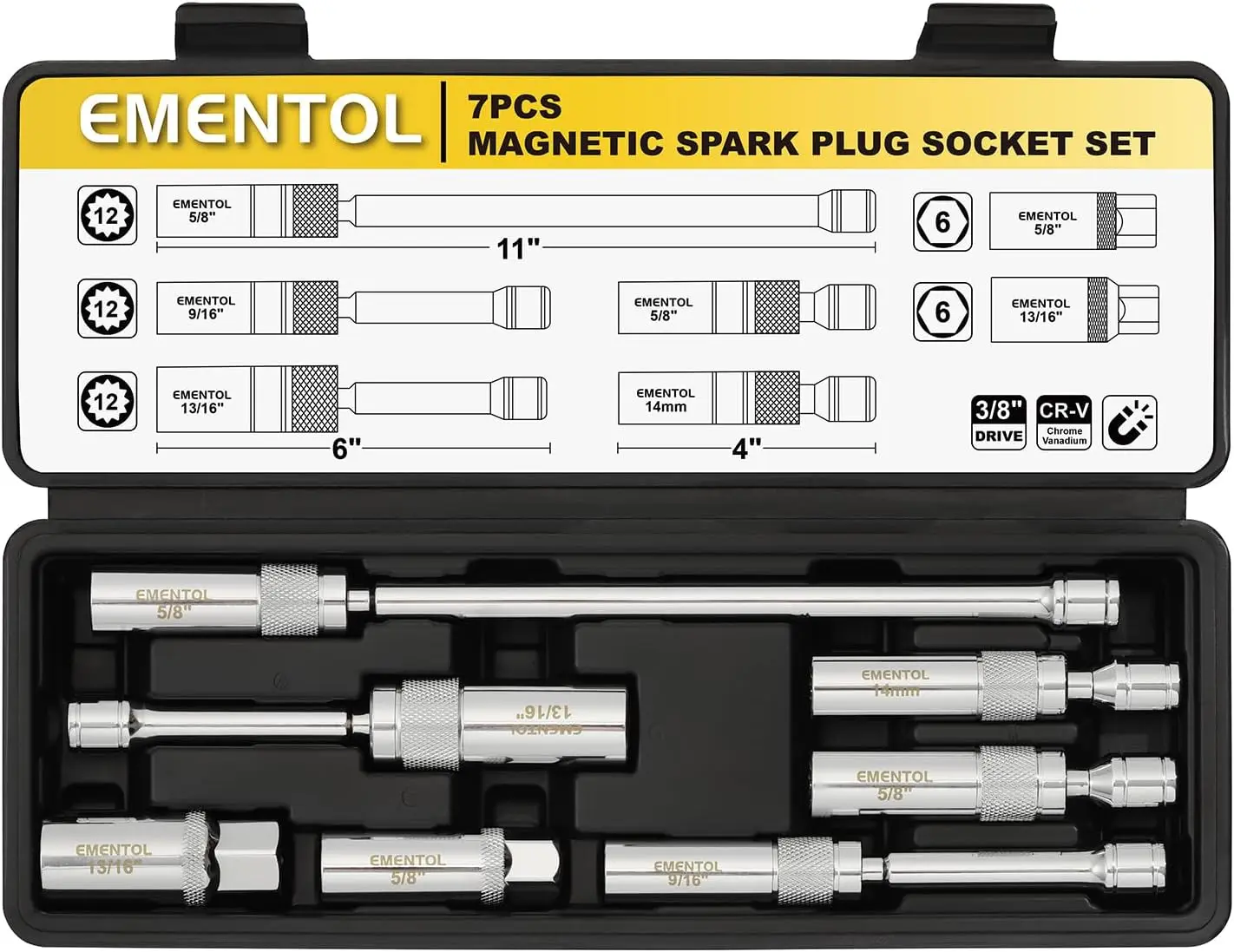 

7PCS 3/8" Drive Spark Plug Socket Set, CR-V Compatible, Swivel Magnetic Extension Sockets with 9/16", 5/8", 13/16", 14mm Sizes