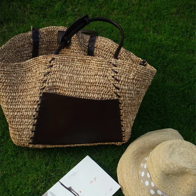 Raffia-Stroh Gewebte Leder-Patchwork-Tragetasche, Damen Große Kapazität Sommer Strand Urlaub Schultertasche, Reise-Pendler-Handtasche – Detail 14