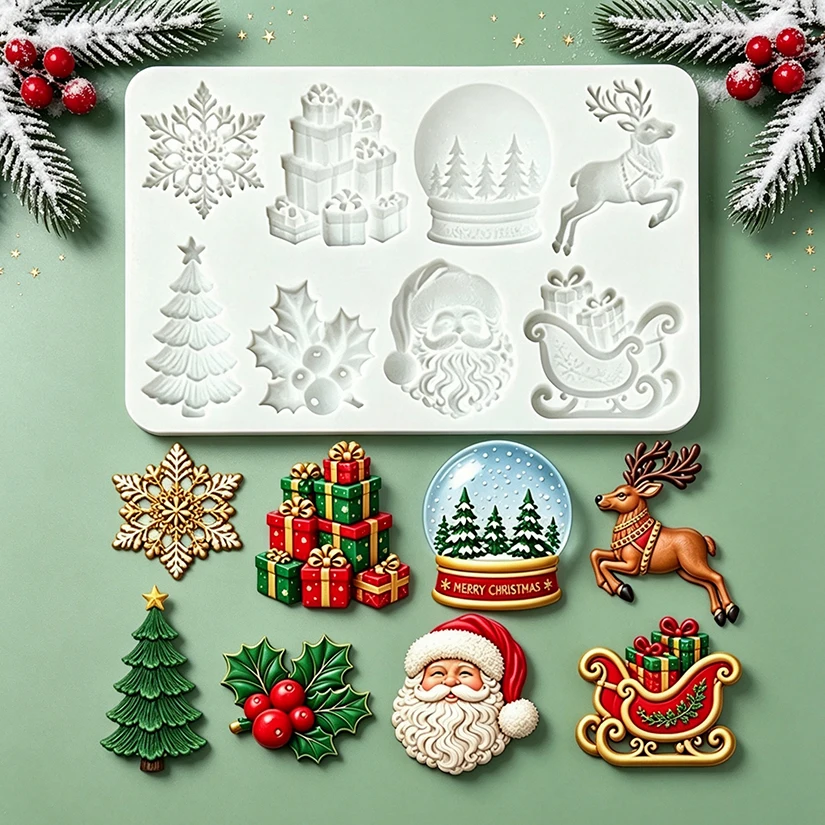Christmas Theme Santa Reindeer Snowflake Gift Box Silicone Mold for Sugarcraft Cupcake Baking Fondant Cake Decorating Tools
