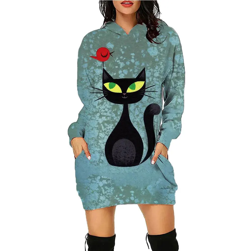 

New 3D cat print women's fashionable hooded sweater dress daily hooded long sleeved pullover autumn/winter sports shirt dress