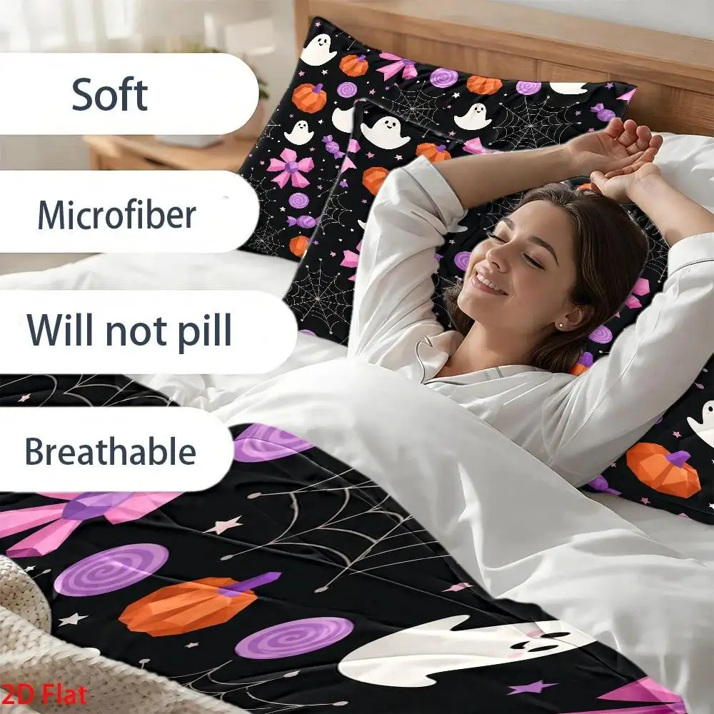 Three-Piece Duvet Cover Set Halloween Ghost Pumpkin Bow (1*Duvet Cover+2*Pillowcases), Comforter Sets Quilt Cover Bedding Set Breathable Polyester Invisible Zipper Machine Washable