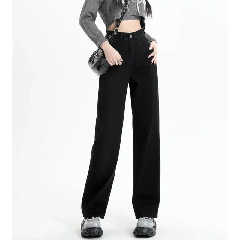 

2025 женские классические тонкие прямые джинсы, женские корейские однотонные джинсовые брюки с высокой талией, женские удобные повседневные брюки