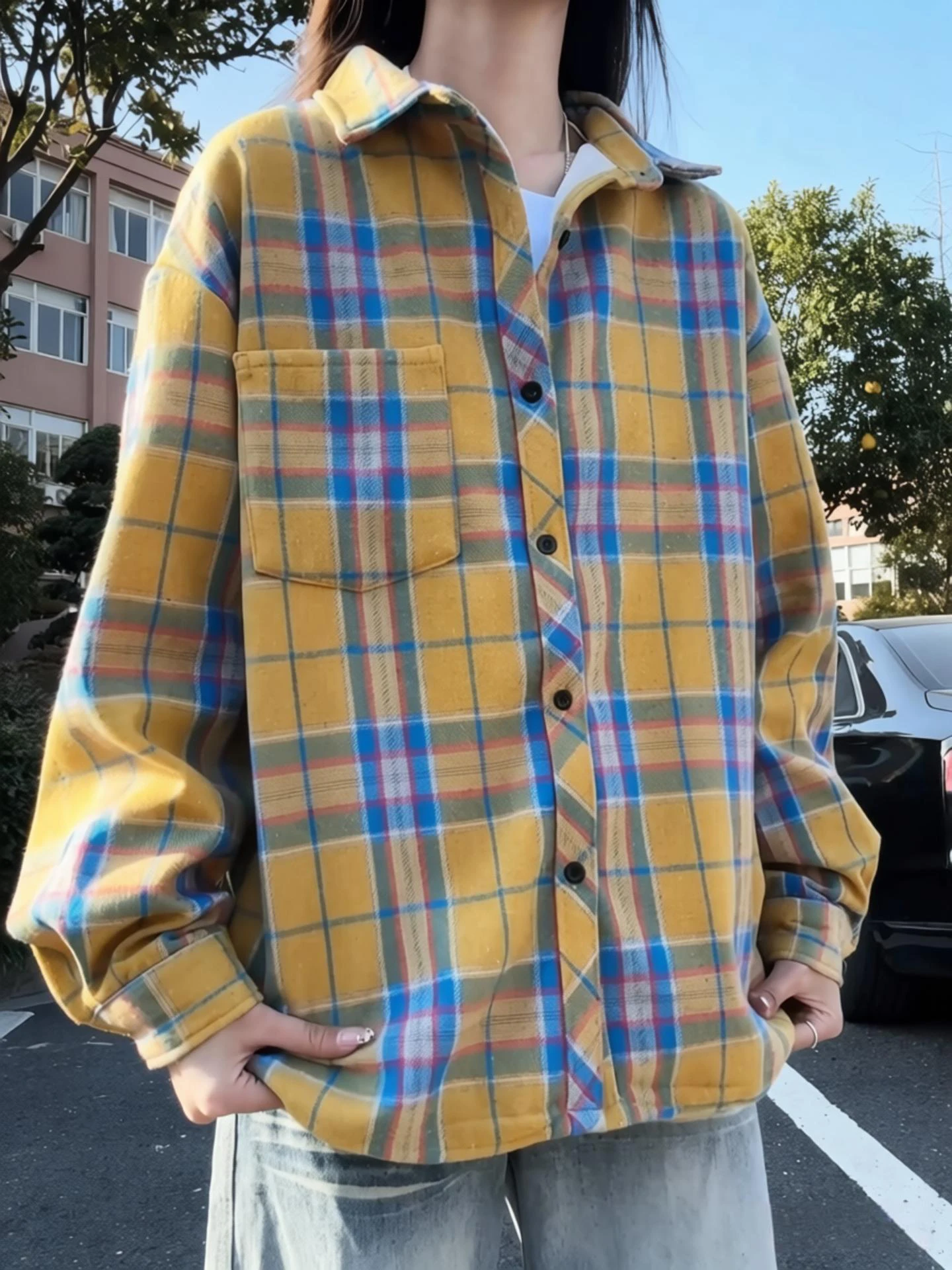 

Retro American Yellow Plaid Long Sve Men's irt Autumn Winter College Sle Outerwear High-End Sensation Open Cardigan Coat