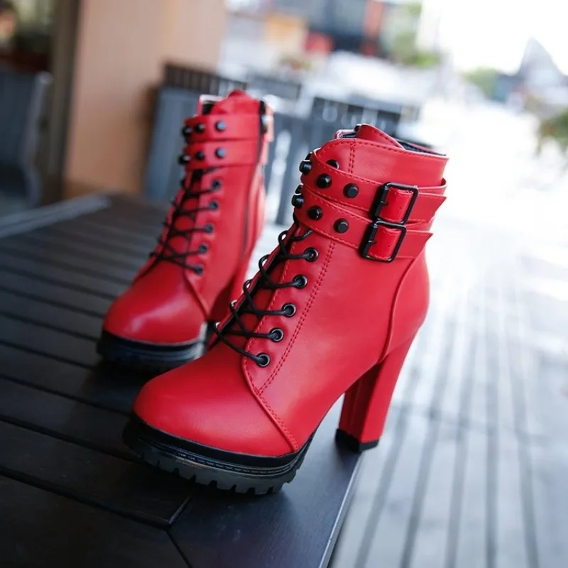 Women Boots Temperament Pointed High Heeled Boots Fashion High Heel Leather Boot Lace Up High Heeled Ankle Boots Botas Feminina