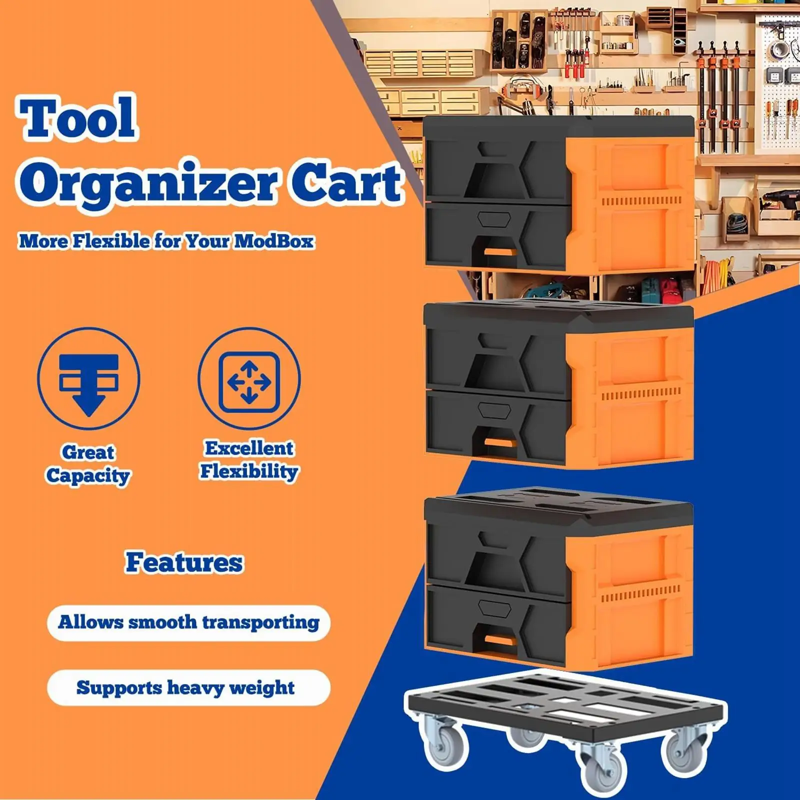 Mobile Cart for Stackable Tool Cases 34.5x49.2x3.1cm Rugged Steel Construction Metal Deck Space Saving with 360° Caster Wheels