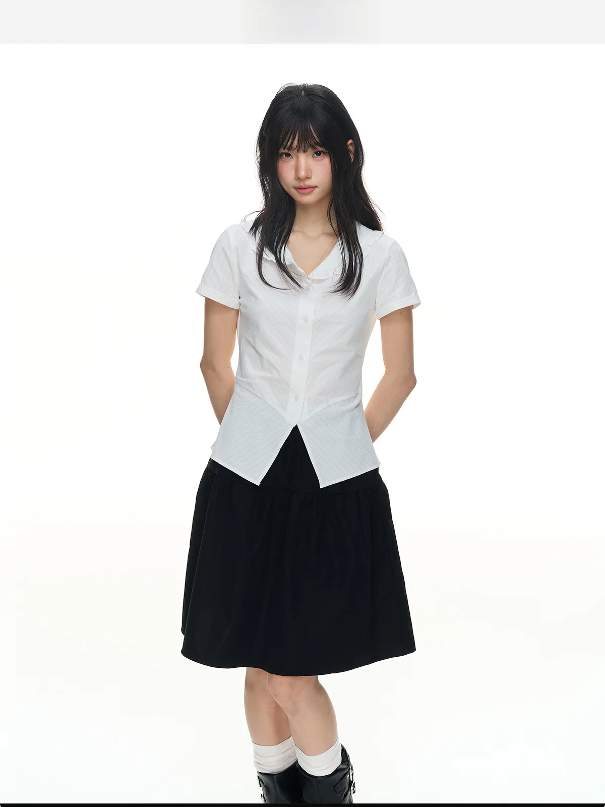 

YUPH Original Doll Collar Polka Dot Striped Shirt Short Sleeve Slim Fit White Top Korean Style Girl's School Uniform Style
