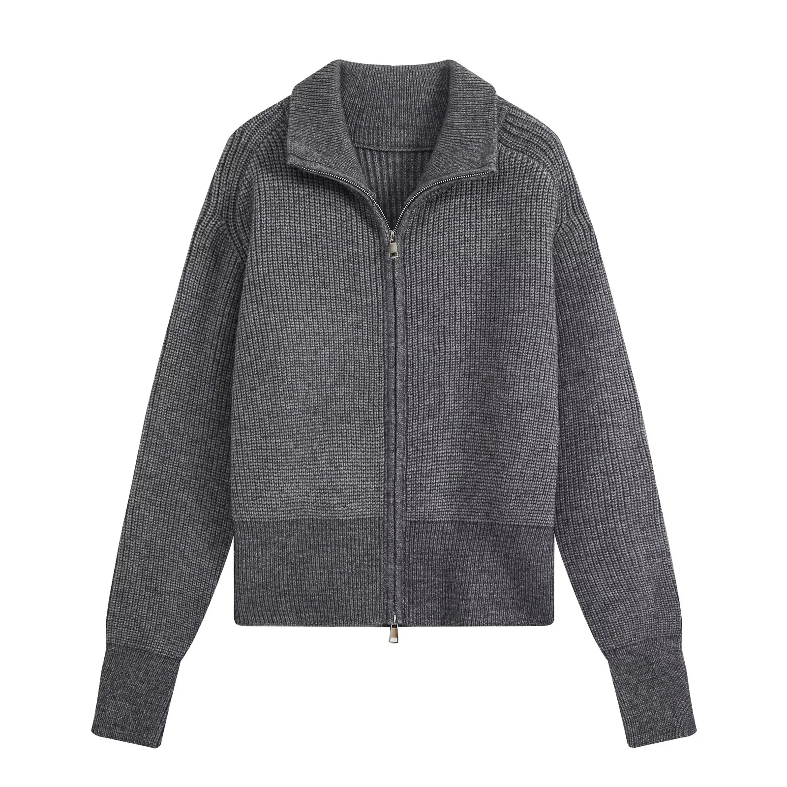 KONDALA Damen Trendiges Pendler-Hosen-Set Reißverschluss-Revers-Strickjacke Elastische Taille Hose Neue Mode 2026 Herbst Winter Freizeit-Set – Detail 5