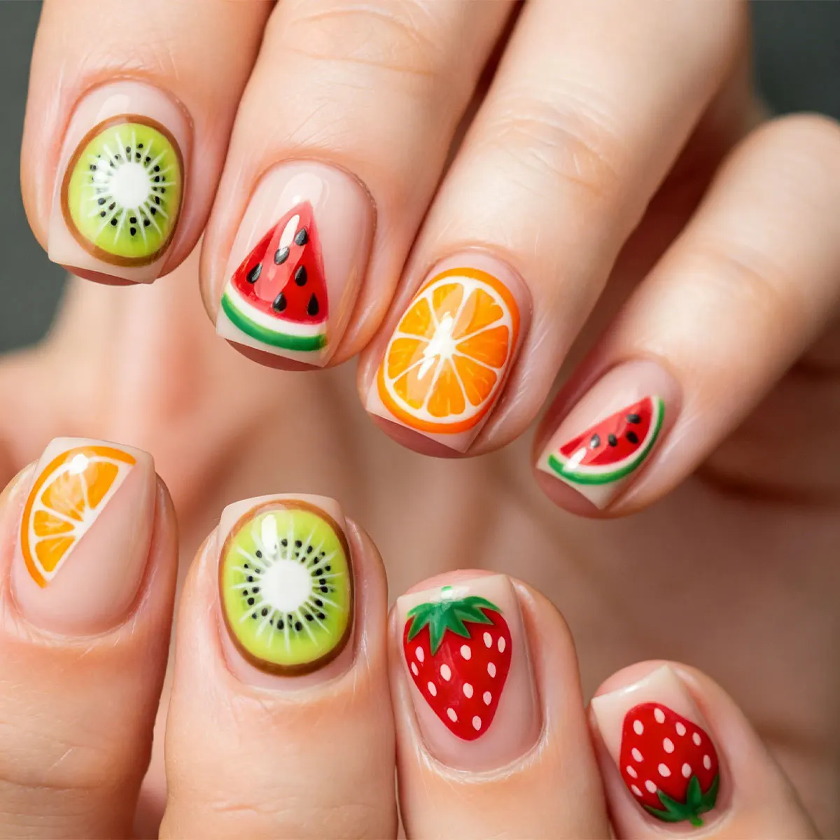 

24 pieces of bare base makeup paired with colorful fruit printed nail presses, watermelon, orange, kiwi, and strawberry designs for women's short square fake nails, perfect for daily casual wear and fresh summer clothing matching
