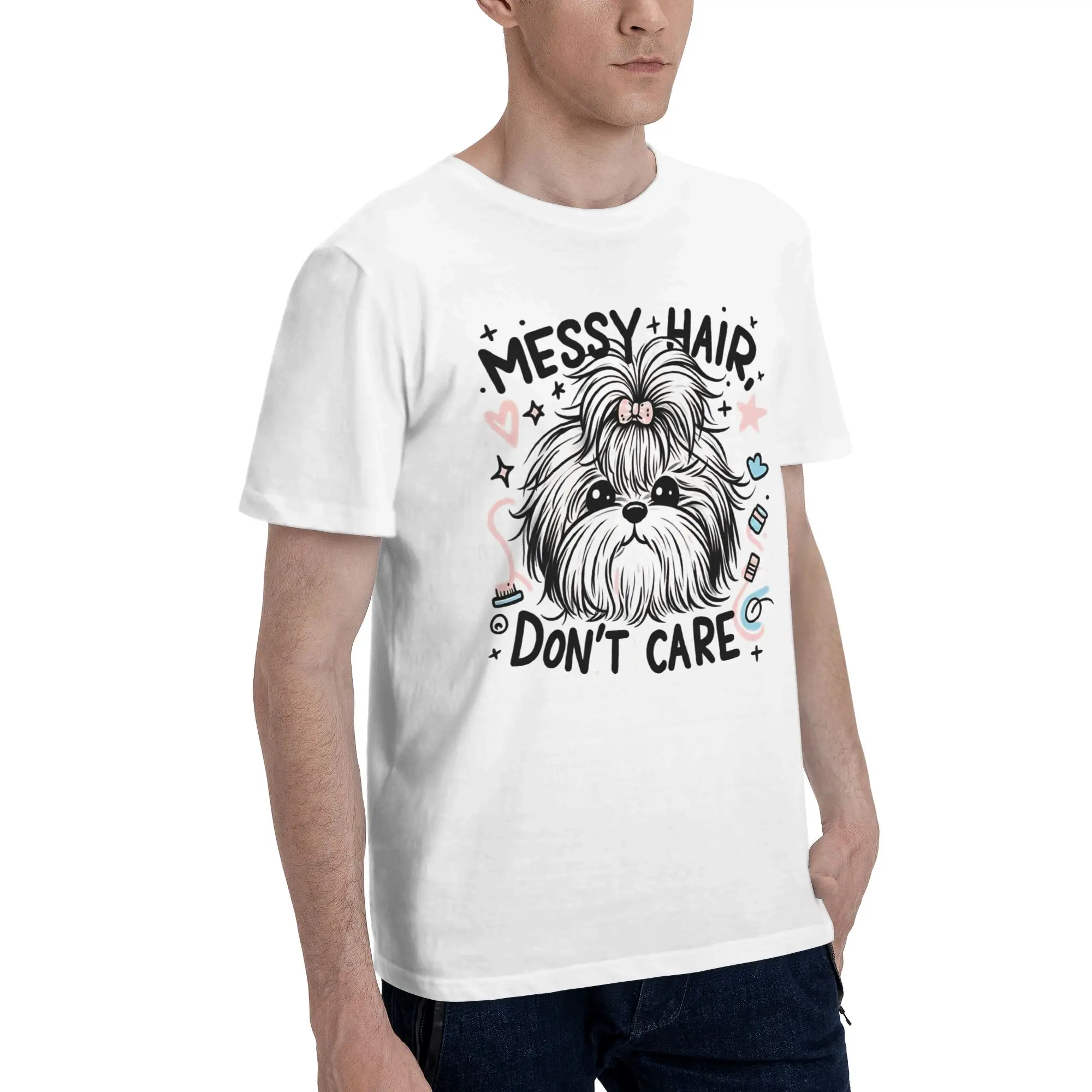 Shih Tzu Aesthetic Pastel Dog Art Men's T Shirts Messy hair don’t care dog Awesome Tee Shirt Short Sleeve Round Neck T-Shirt