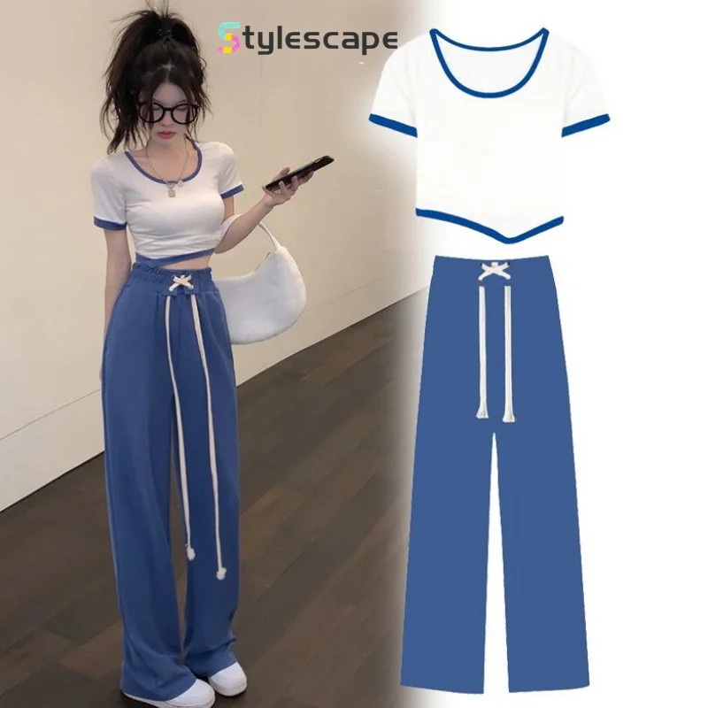 Irregular Contrasting Color T-shirt Drawstring Elastic Waist Wide Leg Long Pants Loose and Slimming Two-piece Set for Women