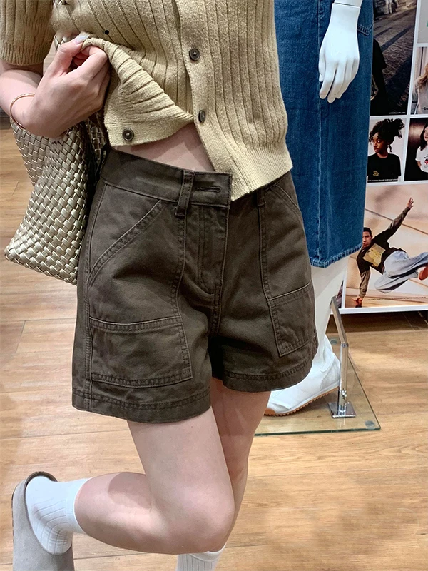 Retro American Military Green Denim Shorts Women's High Waist Slim Loose Workwear A-Line Three-quarter Length Casual Jeans