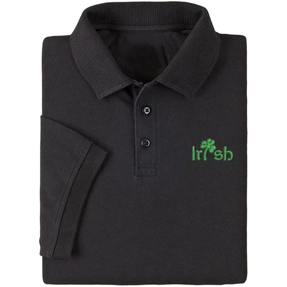 Lyprerazy Men's Casual Polo Shirt Irish Shamrock Embroidered Short Sleeve Golf Polo-Shirt