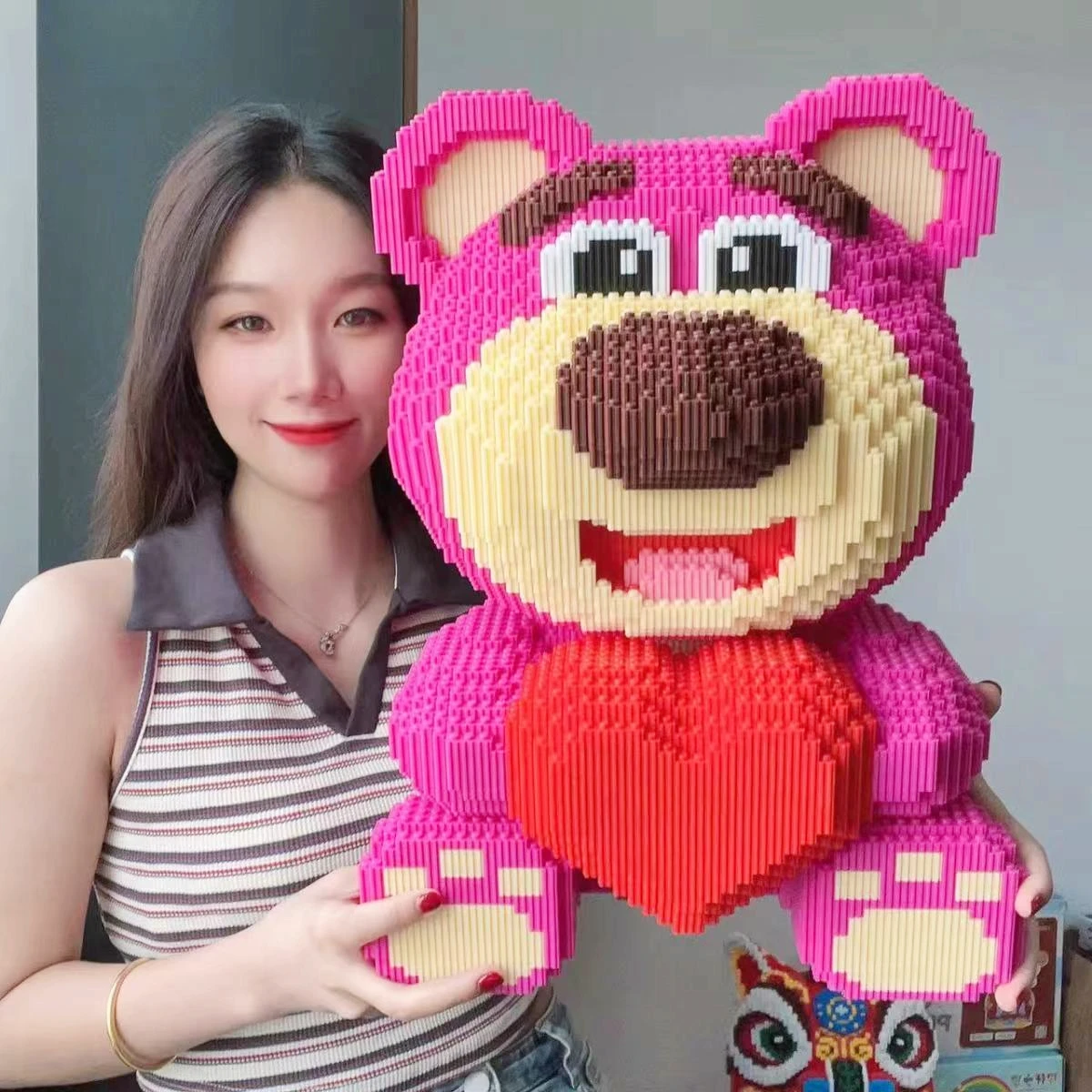 Disney-Extra Large Lotso Block Toy for Adults and Children, Cute Pet Bear, Love, Strawberry, DIY Gift, 45cm