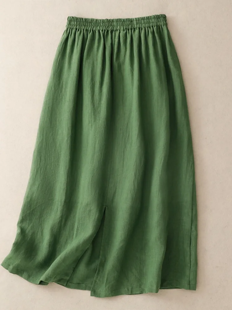 High-End Linnen A-lijn Midi Rok Vrouwen Zomer Eenvoudige Zijsplit Afslanken f-lengte Rokken Artistieke Sle Hoge Taille katoen