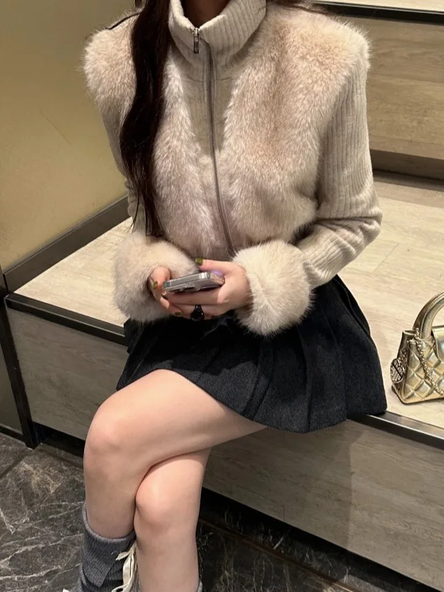 Retro Jesienno-Zimowy Płaszcz z Imitacji Futra, Dzianinowy, z Naszywkami, Dopasowany Krój, Damski, Elegancki, Wszechstronny, Ciepły, Rozpinany Kardigan lub Odzież Wierzchnia