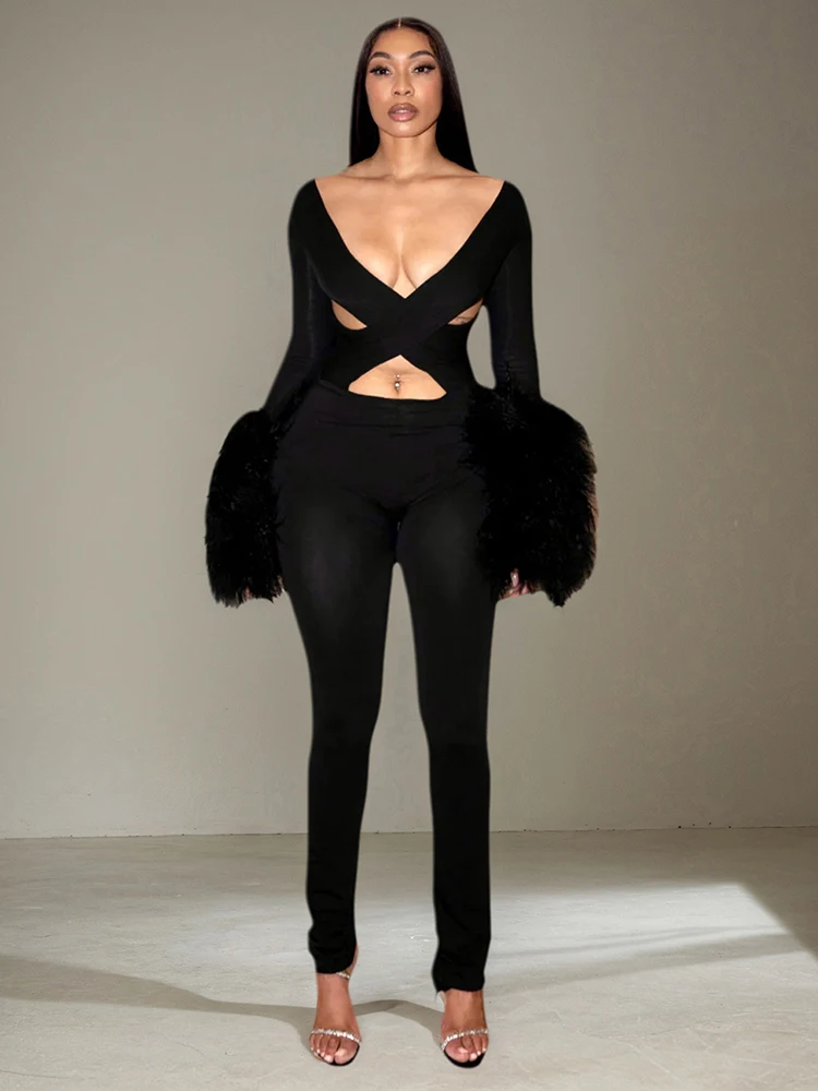 

Weird Puss Cross Hollow Jumpsuit Women Sexy Fit Fur Patchwork Full Sleeve Workout Activity Streetwear Stretch Tight Overalls