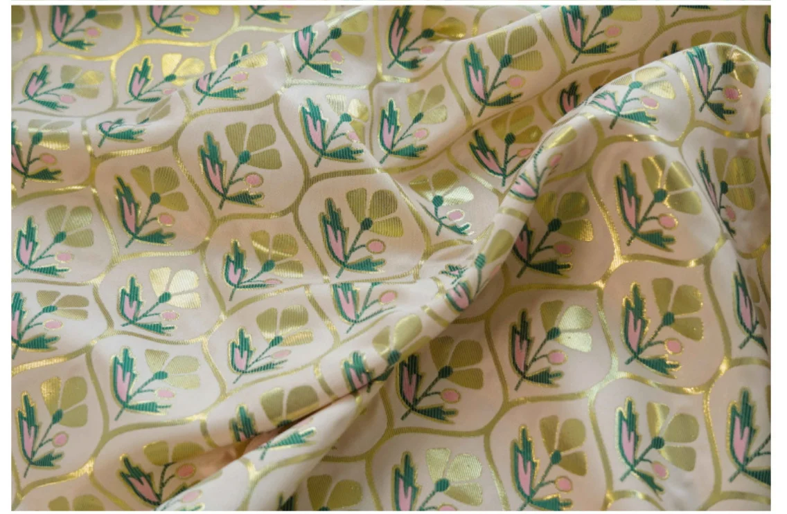 Gold Silk Flower Yarn Dyed Jacquard Fabric Palace Style Dress Bag Diy Sewing Fabric By Half Meter