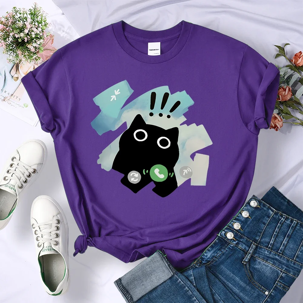 New Breathable Clothes Cool Oversize Short Sleeve Scared Meow Cat Jumps Summer Graffiti Womens Tee Shirt Soft Street T-Shirts