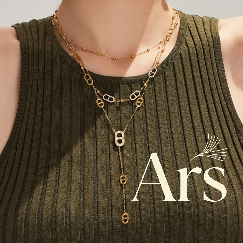 Ars 18k Gold Plated Pig Nose Pendant Necklace Stainless Steel Y Necklaces for Women Tie Necklace Long Chain Tassel Necklaces