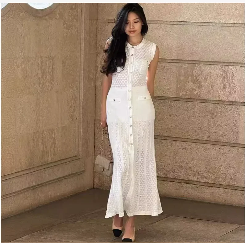 Solid Knitted Split Long Dress For Women Fashion Elegant O Neck Sleeveless Single Breasted Robe 2024 Chic Female Commute Dresses