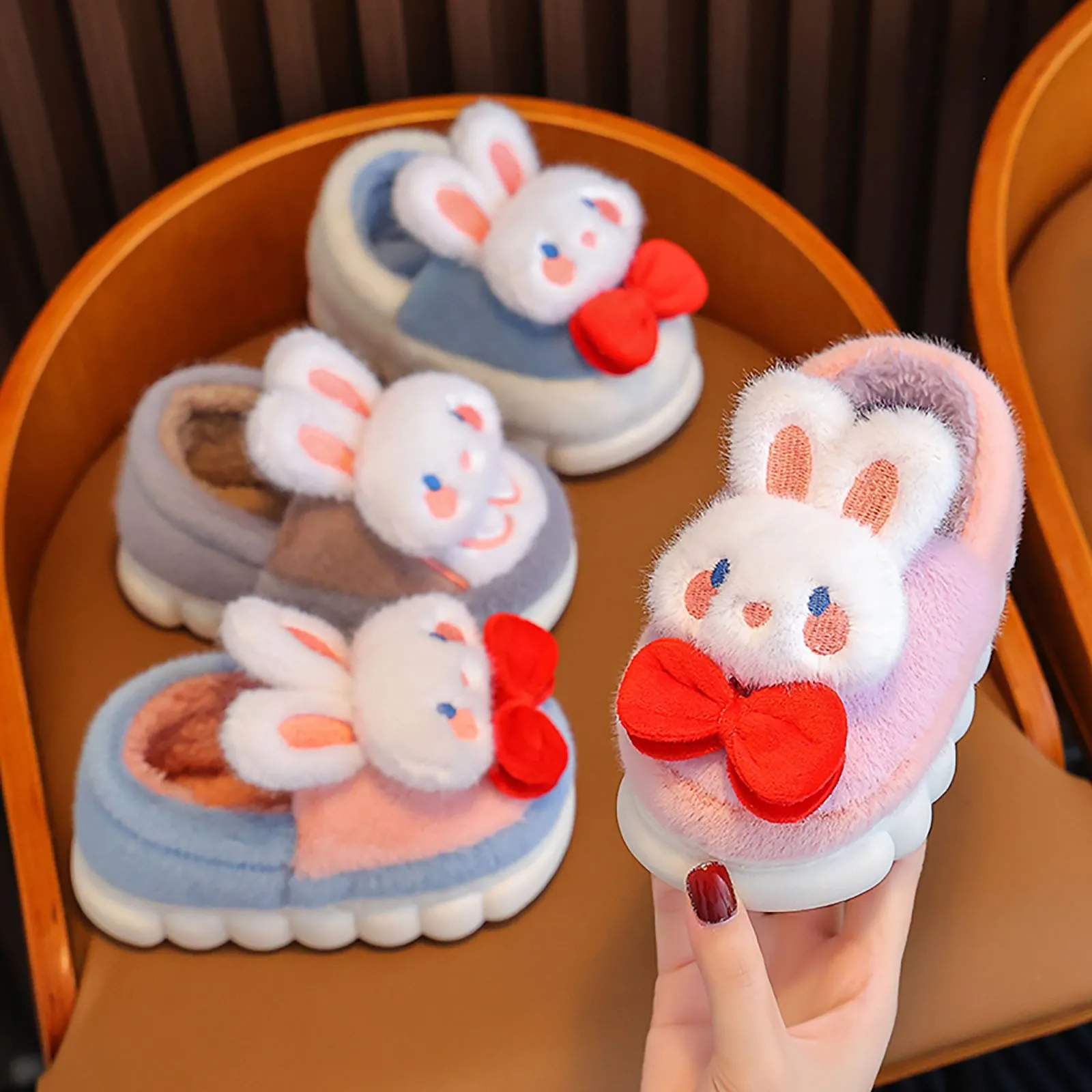 Winter Cotton Slippers Children\'s Fashion Cute Cartoon Bow Rabbit Non-slip Soft Sole Kids Girls Indoor Warm Home Cotton Shoes