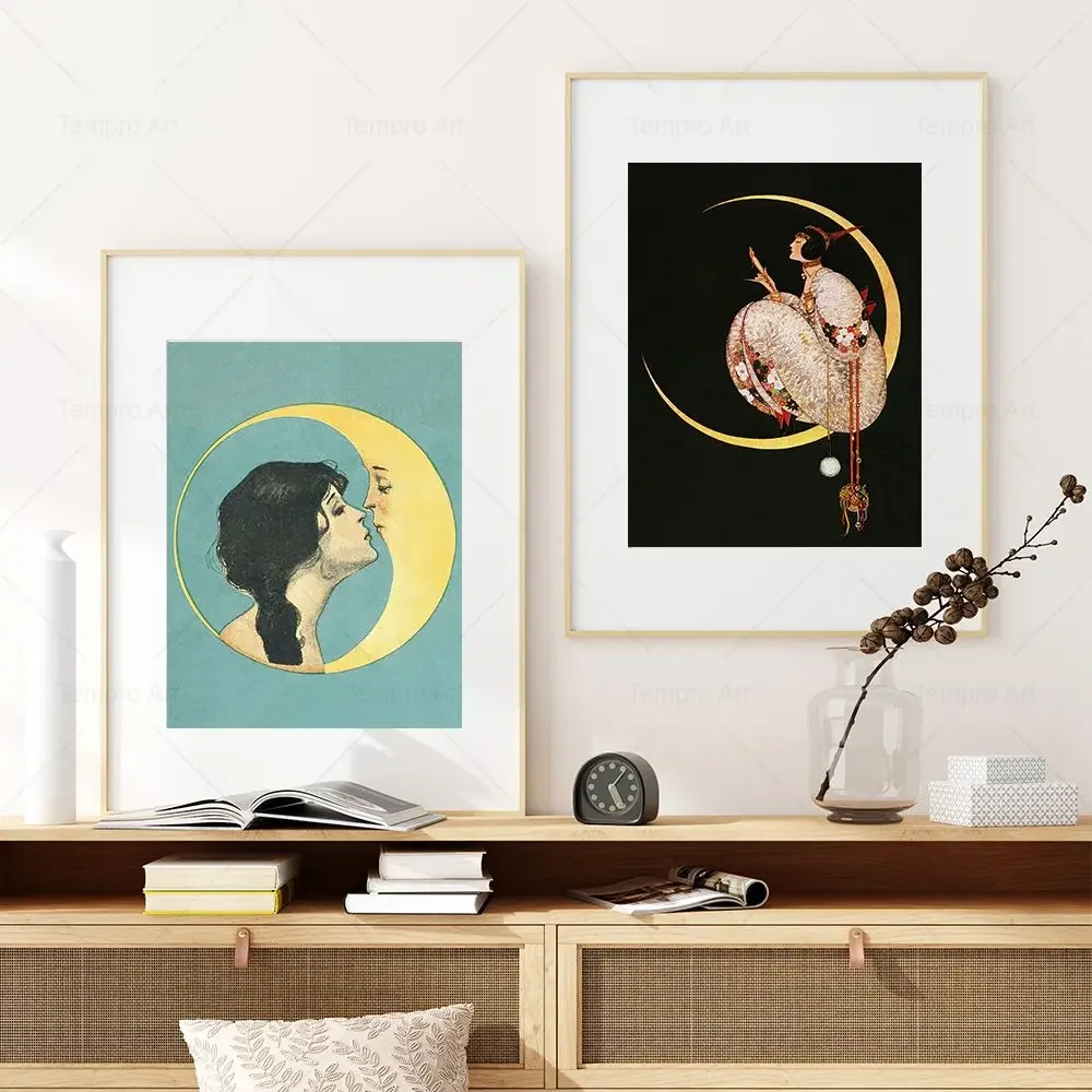 Woman and Moon Print Vintage Kissing Moon Poster Victorian Wall Art Canvas Painting Retro Pictures for Living Room Home Decor