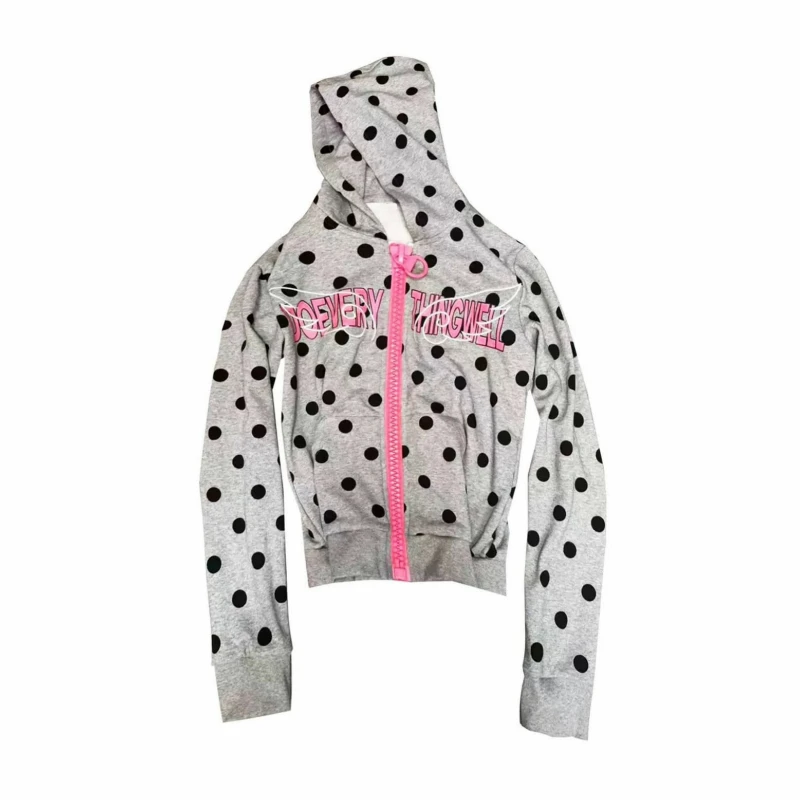 high street fashion American retro popular men/women 2000s Harajuku polka dot zipper hooded cardigan versatile hooded sweatshirt