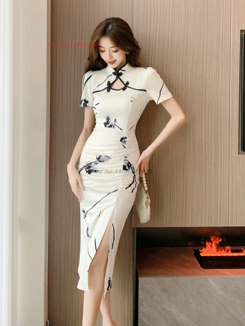 

2025 chinese sexy cheongsam improved qipao dress retro flower print evening party dress vintage banquet nightclub dress qipao