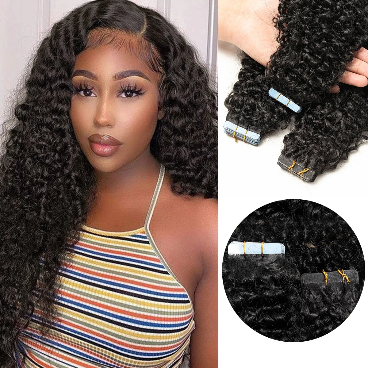 

Лента для наращивания волос, глубокие вьющиеся человеческие волосы, уток кожи, странные вьющиеся волосы, 12-24 дюйма, натуральный черный Remy, 20 шт./упак.