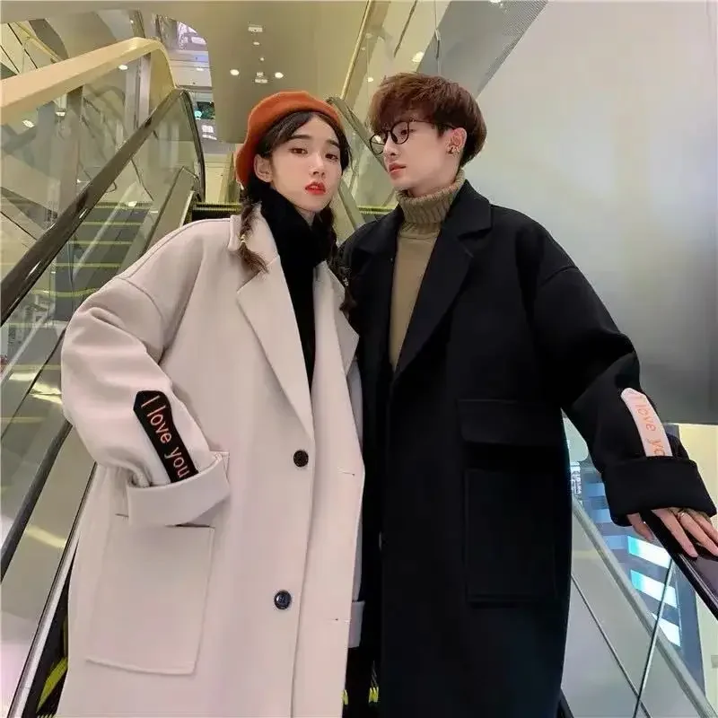 New winter couple wear mid length woolen coat men Korean style new Hong Kong style trendy coat student versatile windbreaker y2k