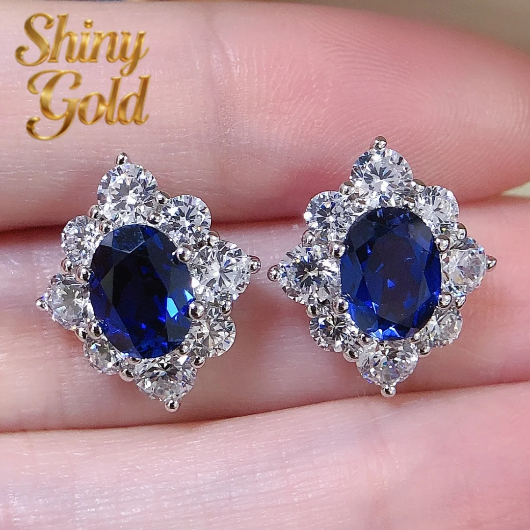 ShinyGold 18K Au750 White Gold 1.5Ct 6*8MM Each Oval Cut Sapphire&Ruby Lab Diamond Stud Earrings E068
