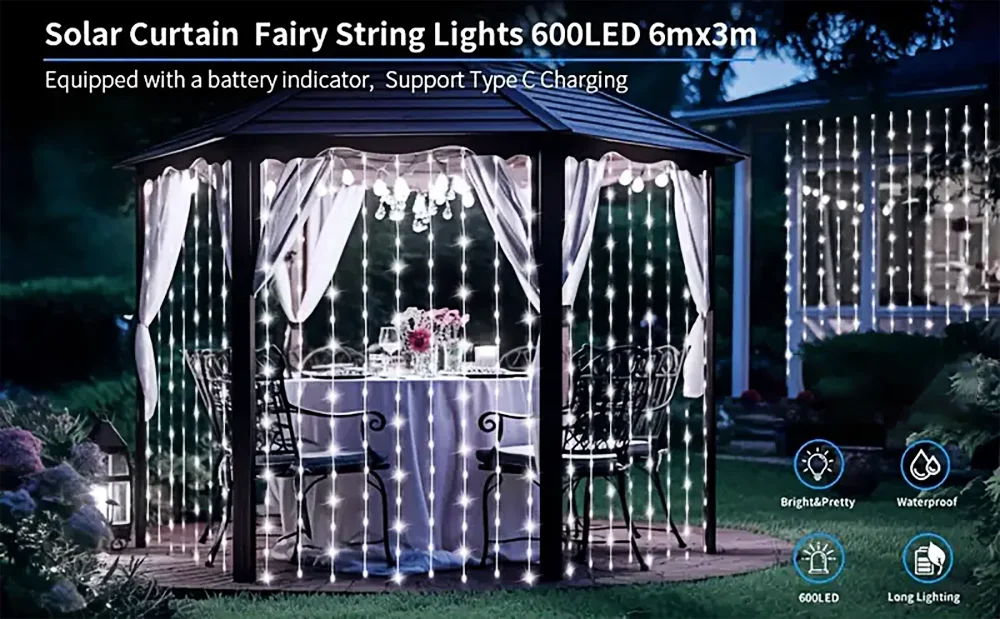 300Leds Solar Curtain String Light Outdoor Waterfall Garland Fairy Lights Garden Halloween Christmas Decoration Holiday Lighting