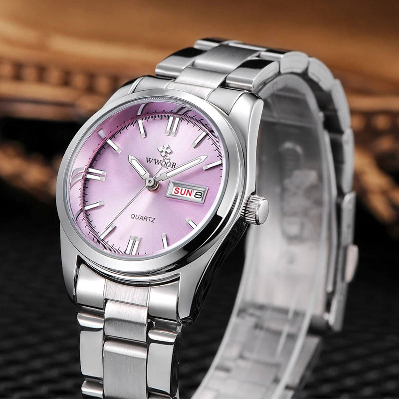 WWOOR New Fashion Pink Dial Ladies Quartz Wristwatches Luxury Watch For Women Waterproof Casual Dress Female Clock Montre Femme