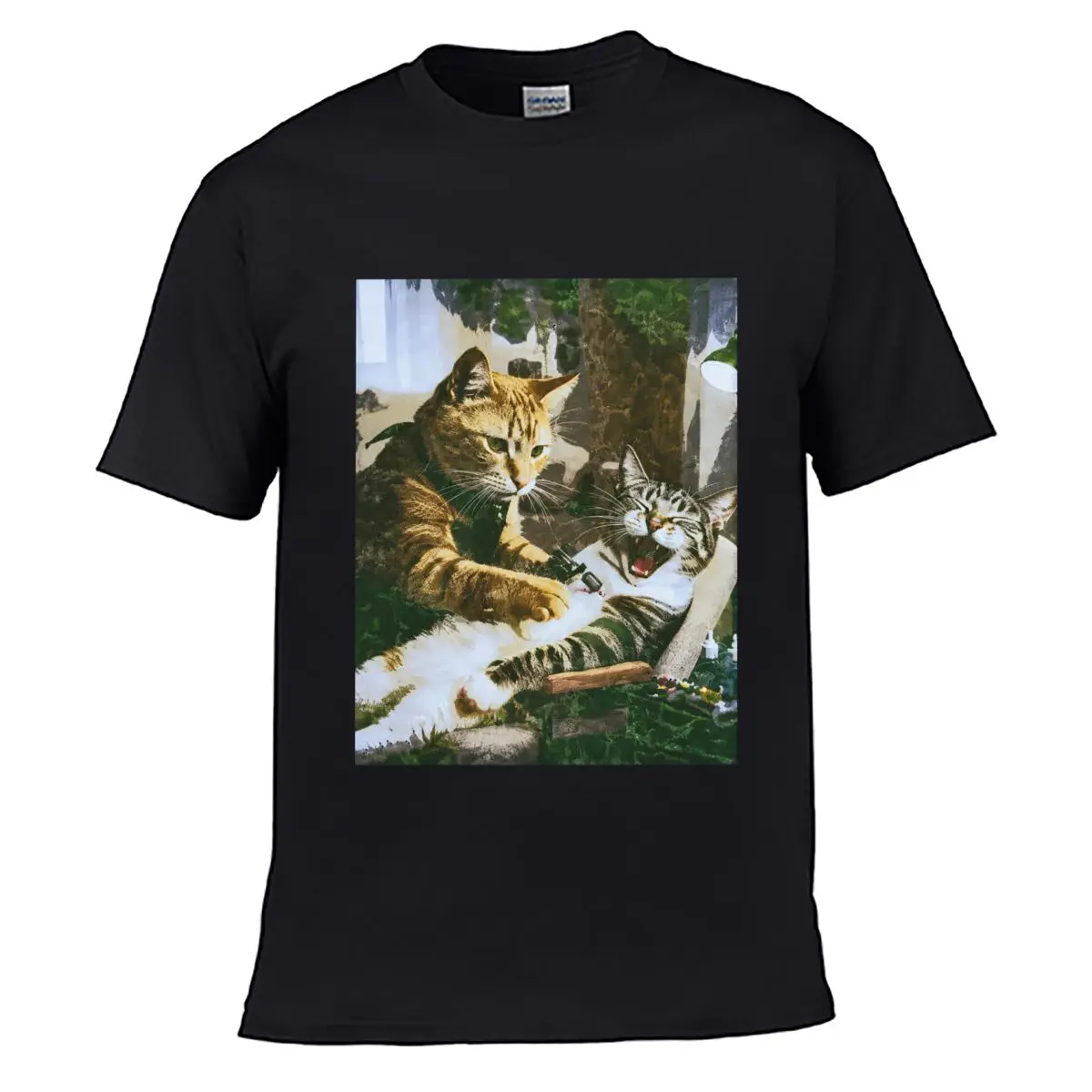 Two Cats Forest Yawning Feline Illustration short-sleeved T-shirt