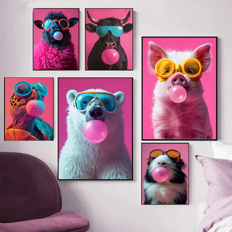 Lion Tiger Zebra Blowing Bubble Gum Poster Colorful Canvas Painting Animal Print Picture for Home Living Room Decor Cuadros