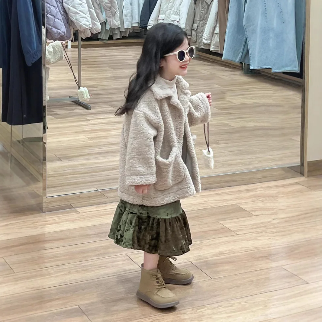 Girls Coat 2024 Winter New Childrens Clothes Girl Baby Foreign Style Lamb Wool Composite Fur Fur Coat Casual Simple Daily