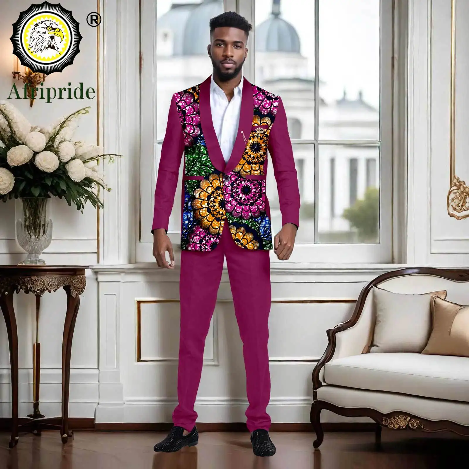 Men`s Business Suit One Button Brooch Print Blazer and Trousers 2 Piece Set Formal Outfits African Clothes for Wedding 2416113