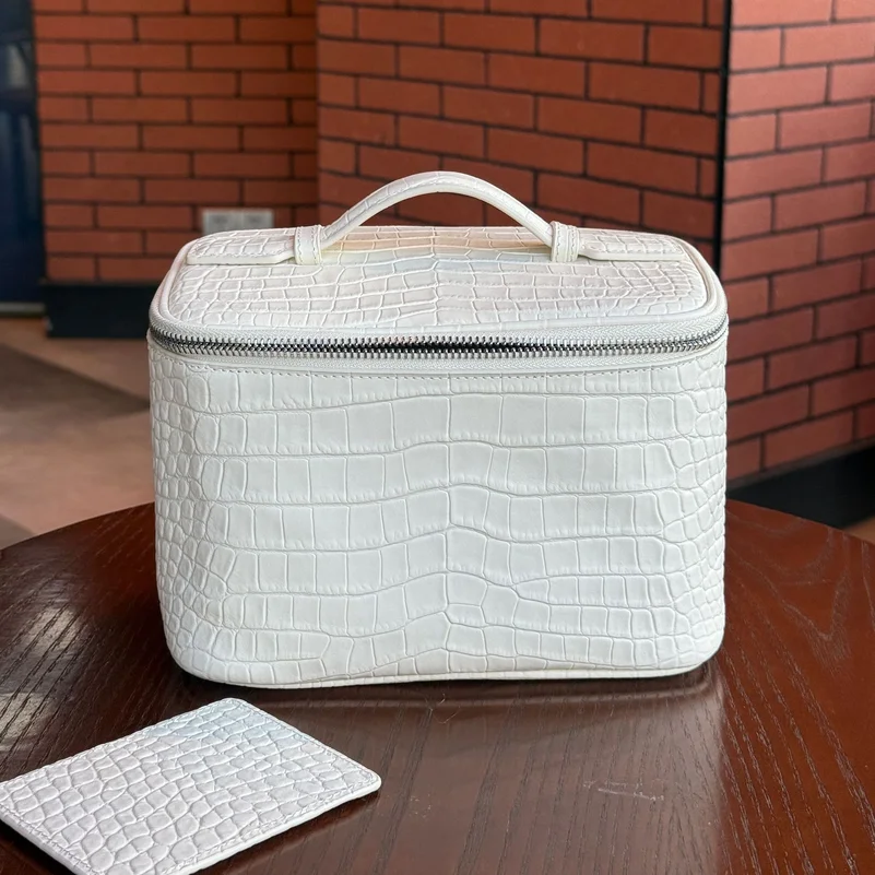 Firstgrain Cowhide Himalayan Crocodile Pattern Vanity Case Genuine Leather Square Portable Large-Capacity Hand-Held Cosmetic Bag