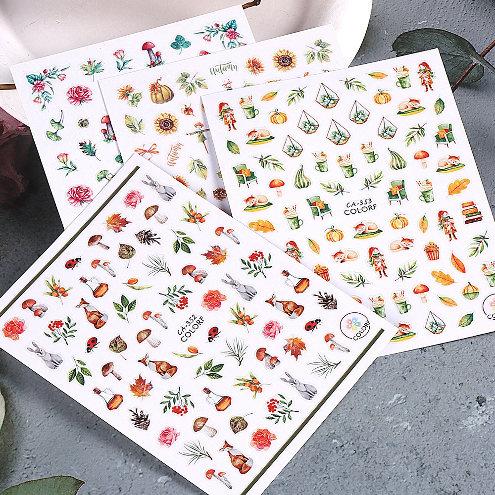 3/4/7pcs 3D Autumn Winter Nail Art Stickers Pumpkin Maple Leaves Squirrel Rabbit Flowers Decal For Thanksgiving Day Manicure DIY