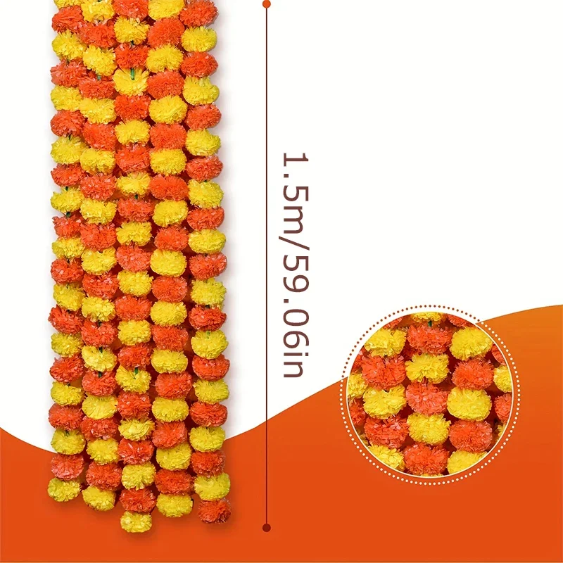 Marigold Garland Long Strands Day of Dead Faux Marigold Flowers Diwali Decor Artificial Marigold Flower Indian Decor for Wedding