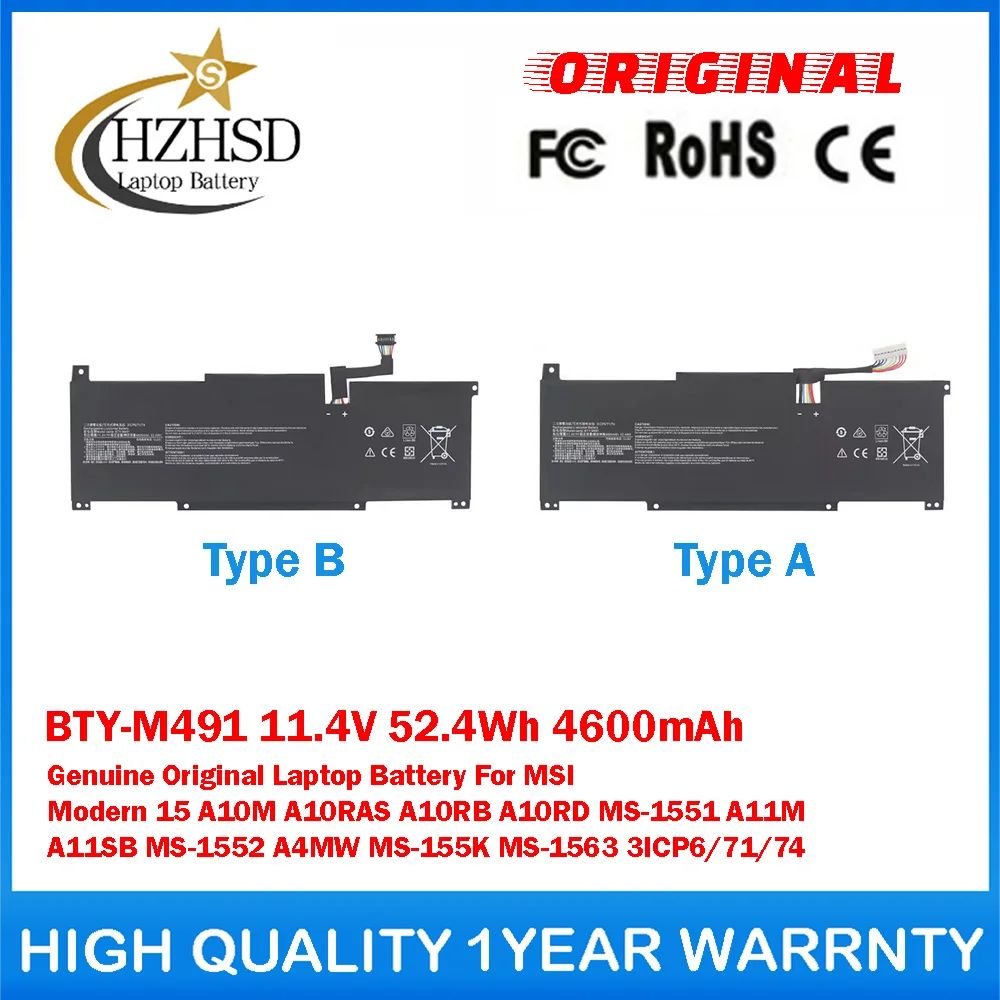 BTY-M491 11.4V 52.4Wh 4600mAh Genuine Original Laptop Battery For MSI Modern 15 A10M A10RAS A10RB A10RD A11M A11SB MS-1552 A4MW