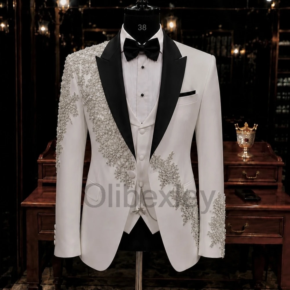 Olibexley Diamond Beaded Suit Set 3 Pieces Dancing Wear Lapel Handsome Men's Slim Fit Suits Wedding Party Tuxedo Customized S434