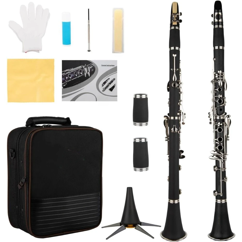 Bb Clarinet 17 Nickel Keys Black Bb Clarinet - Woodwind Band Instruments for Beginners, Includes Clarinet, Clarinet Case, Stand