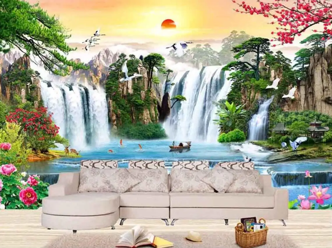 3d Large mural wallpaper living room sofa backdrop wall paper for walls 3 d bedroom bedside cliffs waterfalls