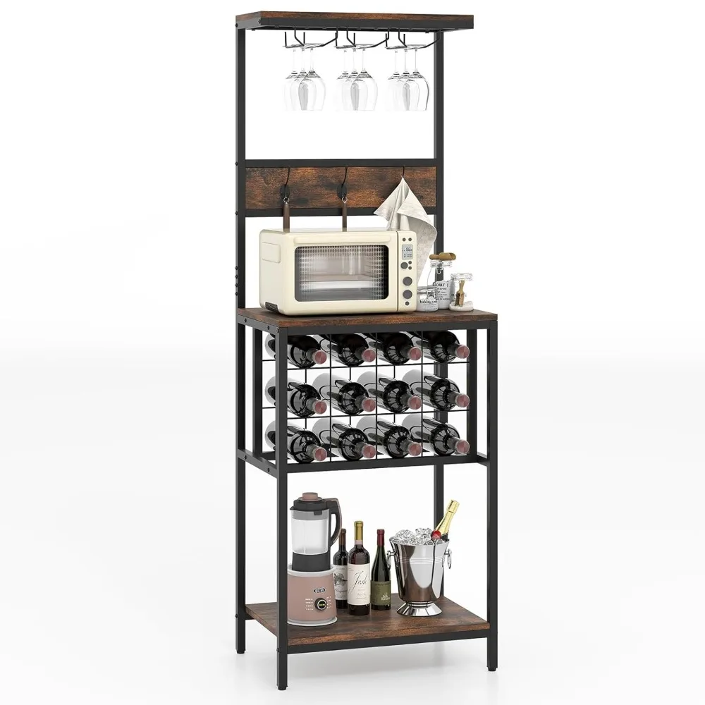 

Tall Wine Rack Freestanding Floor, Wine Bar Cabinet w/ 3 Glass Racks, 12 Bottle Holders, 3 Hooks, Coffee Bar Liquor, Customized