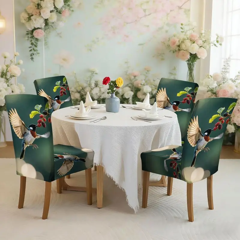 Printed stretch dining chair covers, patterns of colorful birds perched on branches covered with mulberry fruits