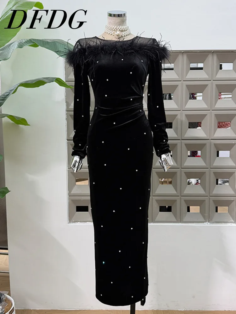 

DFDG женское элегантное бархатное вечернее платье с бисером и отделкой из перьев, сетчатое облегающее платье с длинными рукавами и круглым вырезом, весенне-осеннее платье