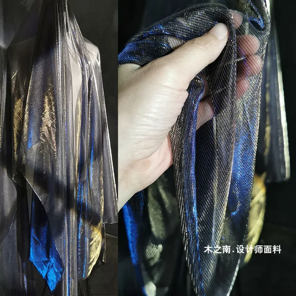 

Blue Golden Laser Hollowed Out Mesh Fabric Soft Smooth Dress Stage Clothing Designer for Diy Sewing Material Wholesale Cloth