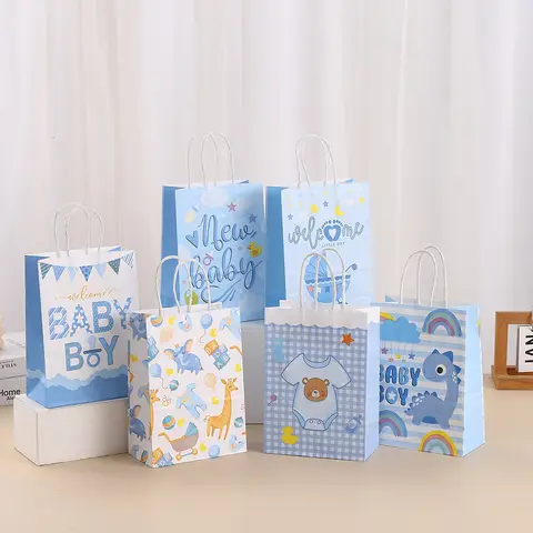 Cartoon Paper Gift Packing Bag, Gênero Revelar Tema, Welcome Baby Boy Birthday, Baby Shower Party Favors Bag, Candy Cookie Bag, 6pcs
